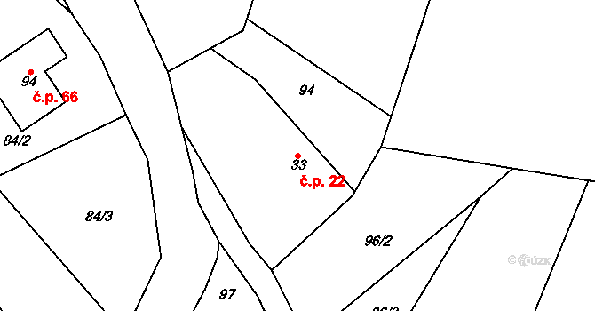 Sezemice 22 na parcele st. 33/1 v KÚ Sezemice, Katastrální mapa