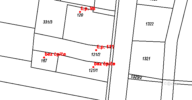 Dražůvky 111 na parcele st. 121/2 v KÚ Dražůvky, Katastrální mapa