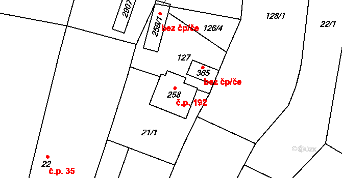 Hodice 192 na parcele st. 258 v KÚ Hodice, Katastrální mapa