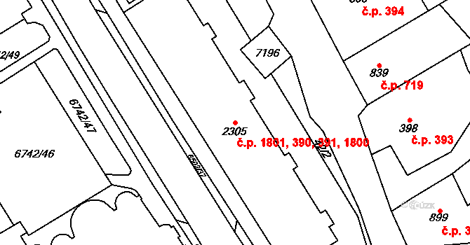 Kraslice 390,391,1800,1801 na parcele st. 2305 v KÚ Kraslice, Katastrální mapa