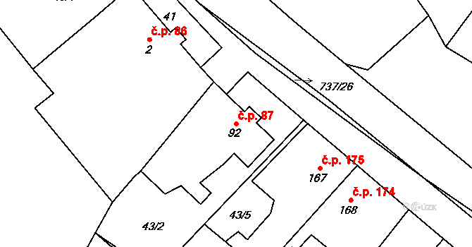 Stěžery 87 na parcele st. 92 v KÚ Stěžery, Katastrální mapa
