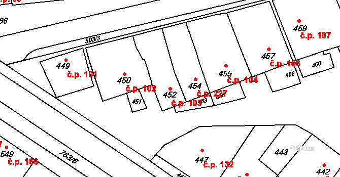 Křelov 103, Křelov-Břuchotín na parcele st. 452 v KÚ Křelov, Katastrální mapa