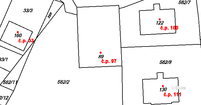Velký Ratmírov 97 na parcele st. 89 v KÚ Velký Ratmírov, Katastrální mapa