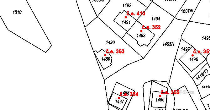 Miřetice u Klášterce nad Ohří 353, Klášterec nad Ohří na parcele st. 1489 v KÚ Miřetice u Klášterce nad Ohří, Katastrální mapa