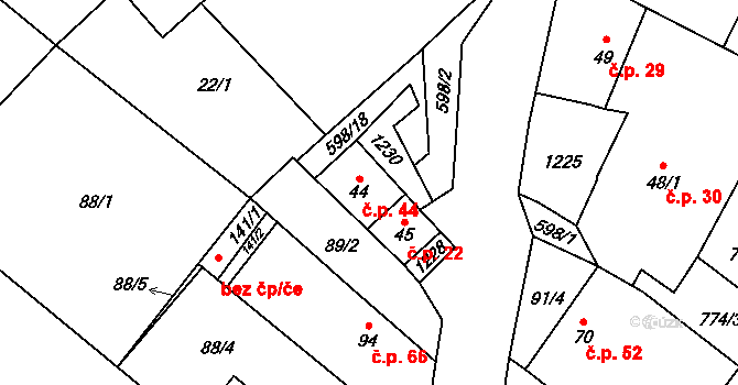 Koválovice u Tištína 44, Koválovice-Osíčany na parcele st. 44 v KÚ Koválovice u Tištína, Katastrální mapa