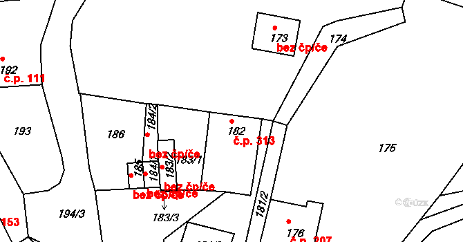 Jarošov 313, Uherské Hradiště na parcele st. 182 v KÚ Jarošov u Uherského Hradiště, Katastrální mapa