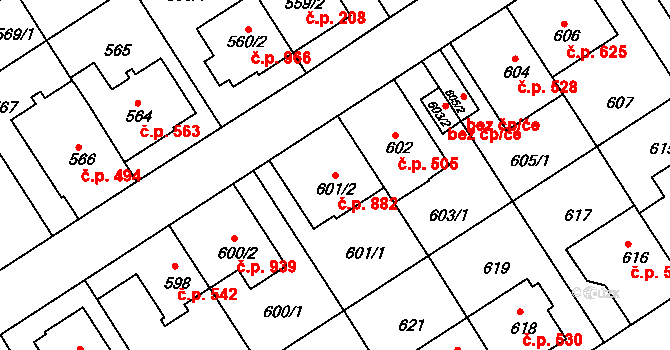 Komín 882, Brno na parcele st. 601/2 v KÚ Komín, Katastrální mapa