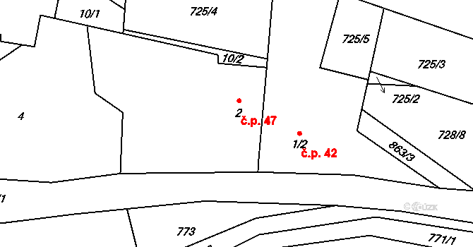Orasín 47, Boleboř na parcele st. 2 v KÚ Orasín, Katastrální mapa