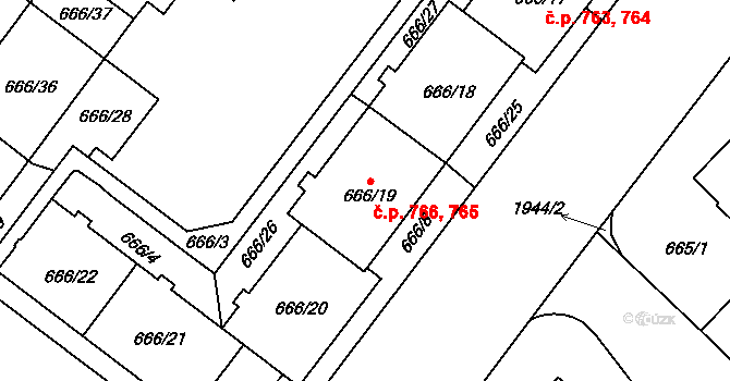 Kamýk 765,766, Praha na parcele st. 666/19 v KÚ Kamýk, Katastrální mapa