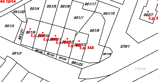 Zbýšov 548 na parcele st. 881/13 v KÚ Zbýšov u Oslavan, Katastrální mapa