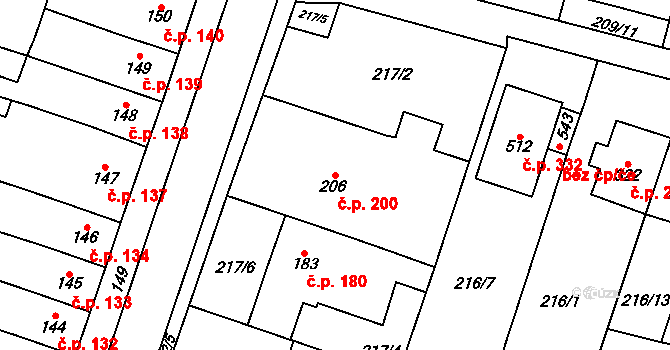 Domamyslice 200, Prostějov na parcele st. 206 v KÚ Domamyslice, Katastrální mapa