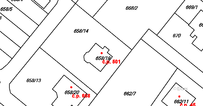 Rumburk 1 501, Rumburk na parcele st. 658/19 v KÚ Rumburk, Katastrální mapa