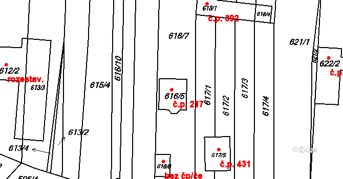 Popůvky 217 na parcele st. 616/5 v KÚ Popůvky u Brna, Katastrální mapa