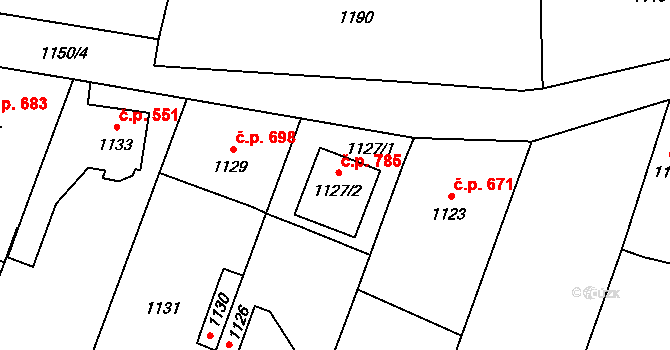 Loštice 785 na parcele st. 1127/2 v KÚ Loštice, Katastrální mapa