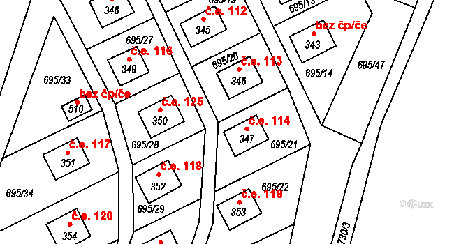 Dobronice u Bechyně 114 na parcele st. 347 v KÚ Dobronice u Bechyně, Katastrální mapa