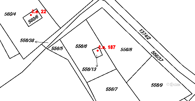 Jaroslavice 187, Zlín na parcele st. 556/13 v KÚ Jaroslavice u Zlína, Katastrální mapa