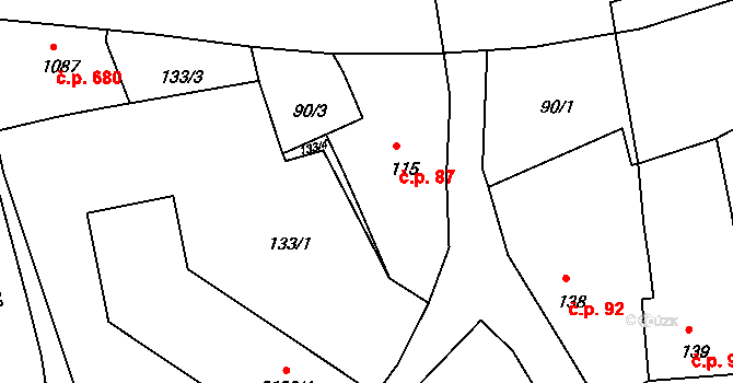 Vizovice 87 na parcele st. 115 v KÚ Vizovice, Katastrální mapa