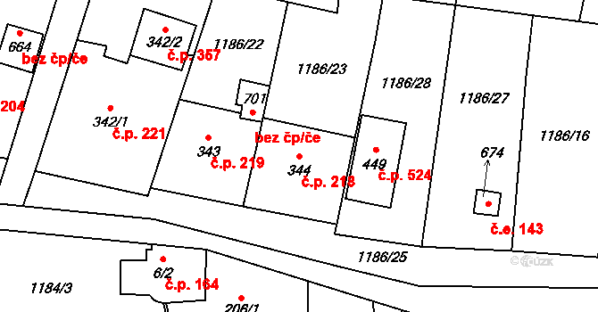 Příluky 218, Zlín na parcele st. 344 v KÚ Příluky u Zlína, Katastrální mapa