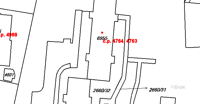 Zlín 4763,4764 na parcele st. 6955 v KÚ Zlín, Katastrální mapa