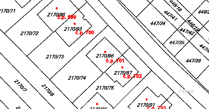 Mikulčice 701 na parcele st. 2170/96 v KÚ Mikulčice, Katastrální mapa