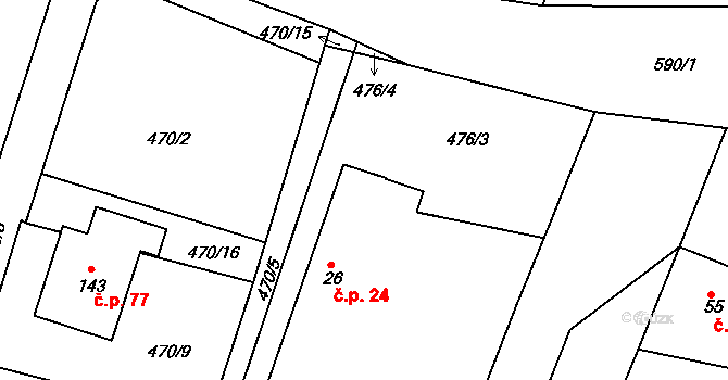 Lhota 24, Přelouč na parcele st. 26 v KÚ Lhota pod Přeloučí, Katastrální mapa