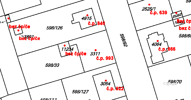 Bílé Předměstí 993, Pardubice na parcele st. 3311 v KÚ Pardubice, Katastrální mapa