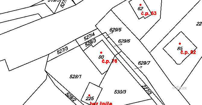 Bohumilice 76 na parcele st. 80 v KÚ Bohumilice v Čechách, Katastrální mapa