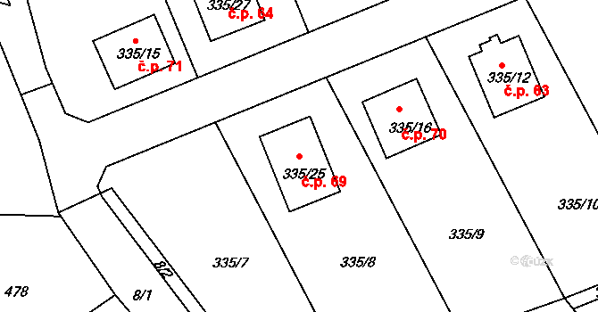 Malečov 69 na parcele st. 335/25 v KÚ Malečov, Katastrální mapa