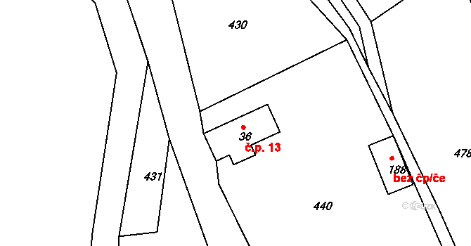 Kounov 13 na parcele st. 36 v KÚ Kounov u Dobrušky, Katastrální mapa