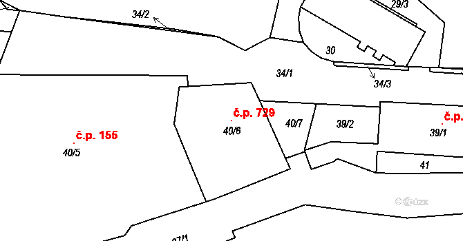 Obřany 729, Brno na parcele st. 40/6 v KÚ Obřany, Katastrální mapa