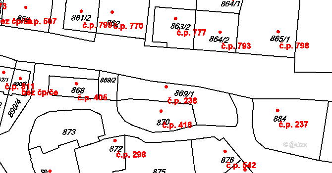 Klobouky u Brna 238 na parcele st. 869/1 v KÚ Klobouky u Brna, Katastrální mapa