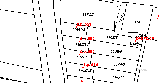 Plumlov 552 na parcele st. 1169/14 v KÚ Plumlov, Katastrální mapa
