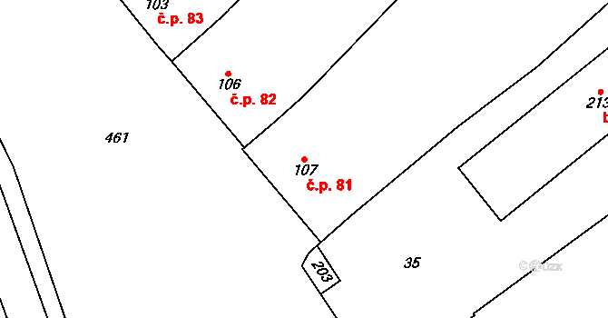 Výšovice 81 na parcele st. 107 v KÚ Výšovice, Katastrální mapa