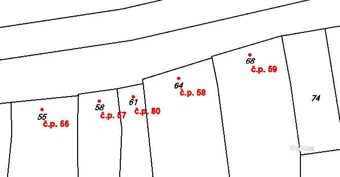 Křenovice 58 na parcele st. 64 v KÚ Křenovice u Kojetína, Katastrální mapa