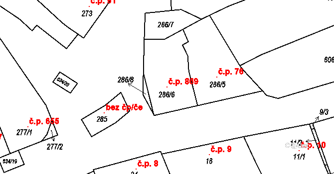 Šardice 869 na parcele st. 286/6 v KÚ Šardice, Katastrální mapa