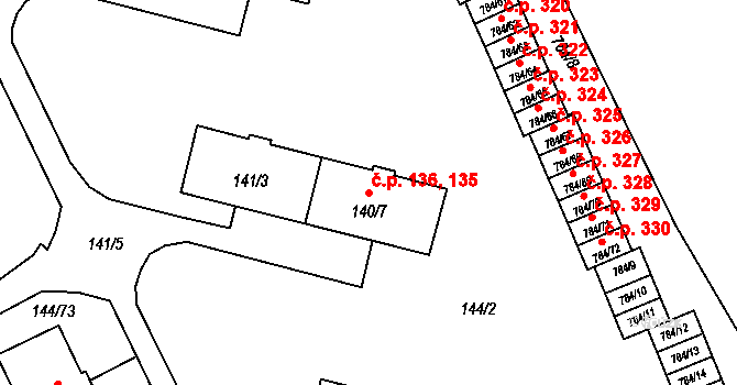Provodín 135,136 na parcele st. 141/3 v KÚ Provodín, Katastrální mapa