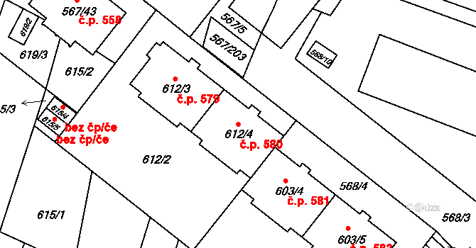 Vyškov-Předměstí 580, Vyškov na parcele st. 612/4 v KÚ Vyškov, Katastrální mapa