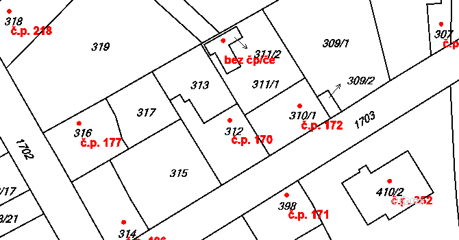 Jirny 170 na parcele st. 312 v KÚ Jirny, Katastrální mapa