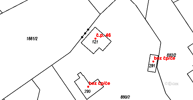 Lensedly 46, Kaliště na parcele st. 121 v KÚ Lensedly, Katastrální mapa