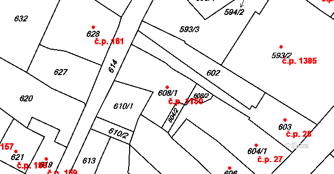 Frýdlant 1150 na parcele st. 608/1 v KÚ Frýdlant, Katastrální mapa