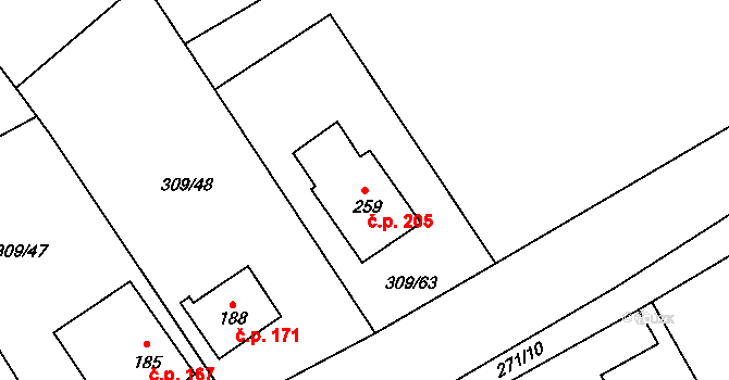 Moravská Chrastová 205, Brněnec na parcele st. 259 v KÚ Moravská Chrastová, Katastrální mapa