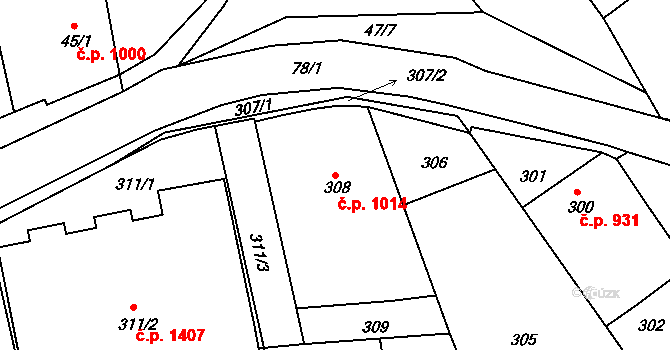 Hořovice 1014 na parcele st. 308 v KÚ Velká Víska, Katastrální mapa