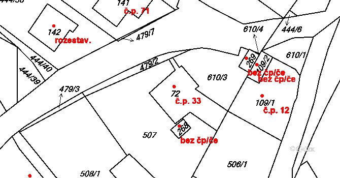 Podviní 33, Trnovany na parcele st. 72 v KÚ Trnovany u Litoměřic, Katastrální mapa