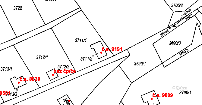 Střekov 9191, Ústí nad Labem na parcele st. 3711/2 v KÚ Střekov, Katastrální mapa