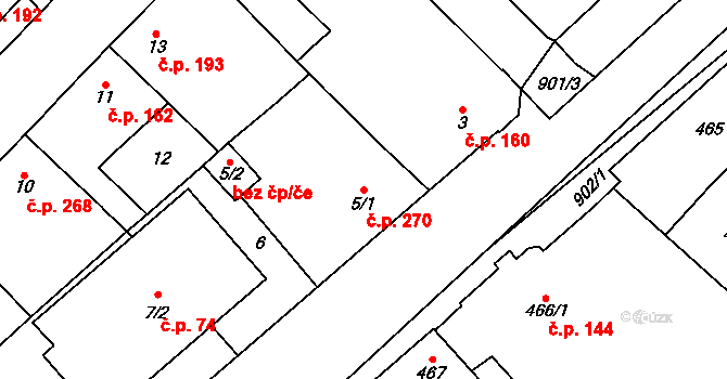 Milovice 270 na parcele st. 5/1 v KÚ Milovice nad Labem, Katastrální mapa