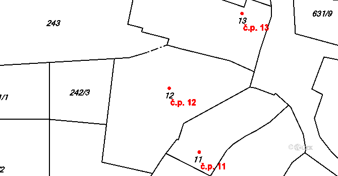 Střelskohoštická Lhota 12, Střelské Hoštice na parcele st. 12 v KÚ Střelskohoštická Lhota, Katastrální mapa