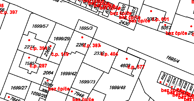 Nové Dvory 404, Třebíč na parcele st. 2330 v KÚ Třebíč, Katastrální mapa