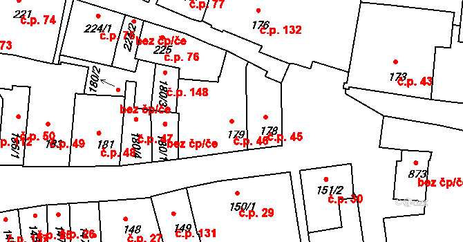 Zámostí 46, Třebíč na parcele st. 179 v KÚ Podklášteří, Katastrální mapa