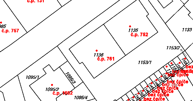 Černá Pole 761, Brno na parcele st. 1136 v KÚ Černá Pole, Katastrální mapa