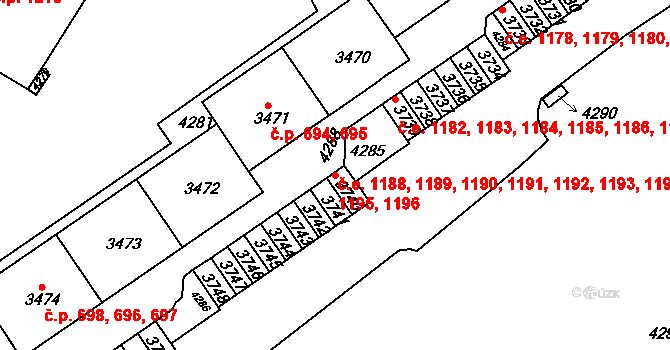 Komín 1188,1189,1190,1191,, Brno na parcele st. 3748 v KÚ Komín, Katastrální mapa
